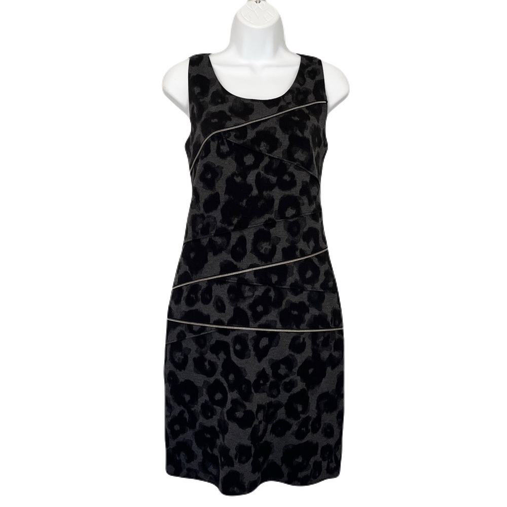 Michael Kors Grey & Black Leopard Zipper Detail Sleeveless Sheath Dress, Size 4